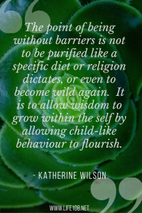 The point of being without barriers is not to be purified like a specific diet or religion dictates, or even to become wild again. It is to allow wisdom to grow within the self by allowing child-like behaviour to flourish.